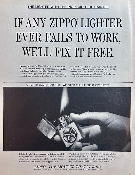 1963 Zippo Lighter - Lifetime Guarantee - Vintage Ad #1538