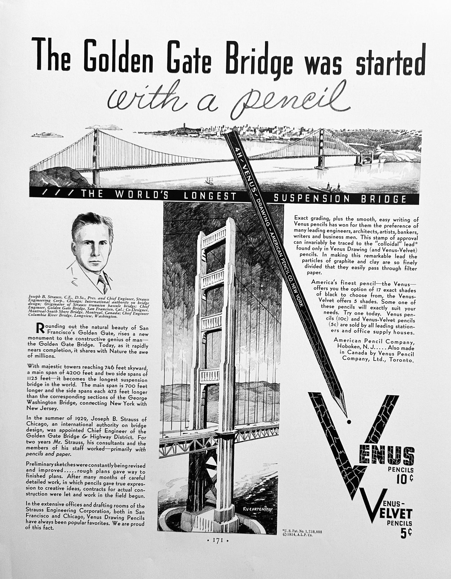 Masterpiece Ad of Yesteryear - Venus Pencils - Golden Gate Bridge Ad #1541