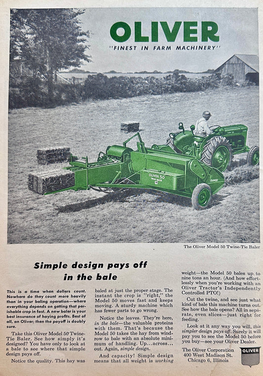 1956 Oliver Model 50 Twine-Tie Baler Simple Design Ad #N1207