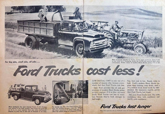 1956 (2-Page) Ford Truck F-100 & F-600 Vintage Ad #A385