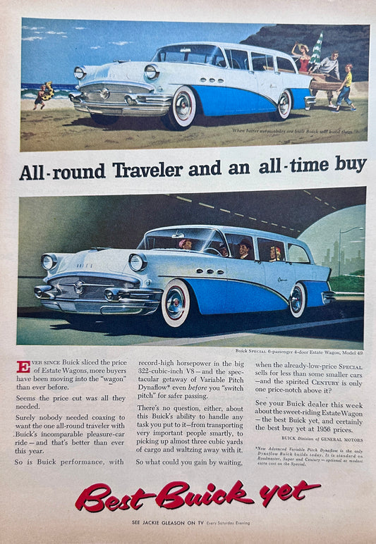 1956 Buick Century Estate Wagon White Over Blue Ad #A389