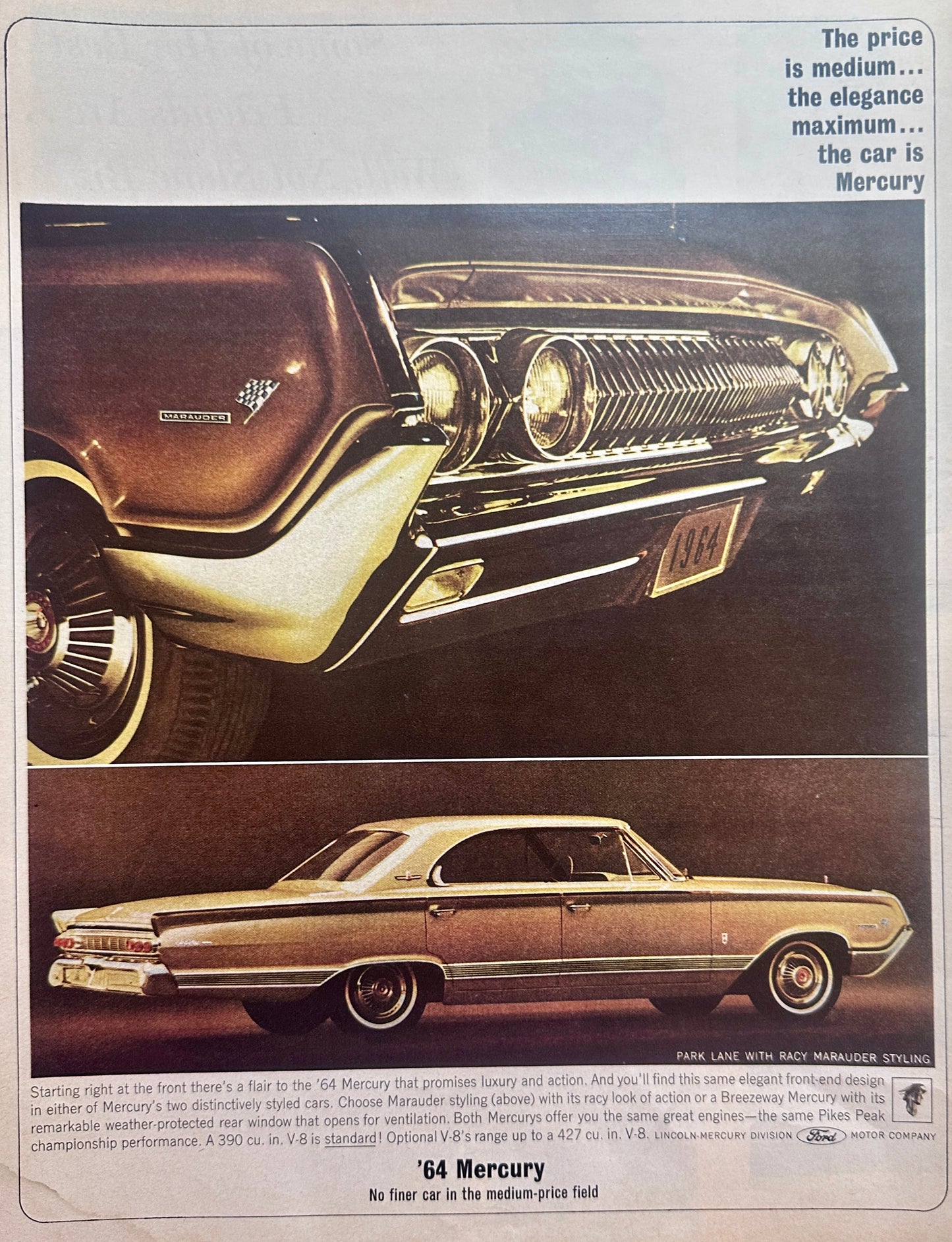 1964 Mercury Park Lane W/Racy Marauder Styling Ad #1586