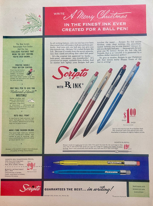 1953 Scripto Ball Point Pen with Rx Ink Vintage Ad #1620
