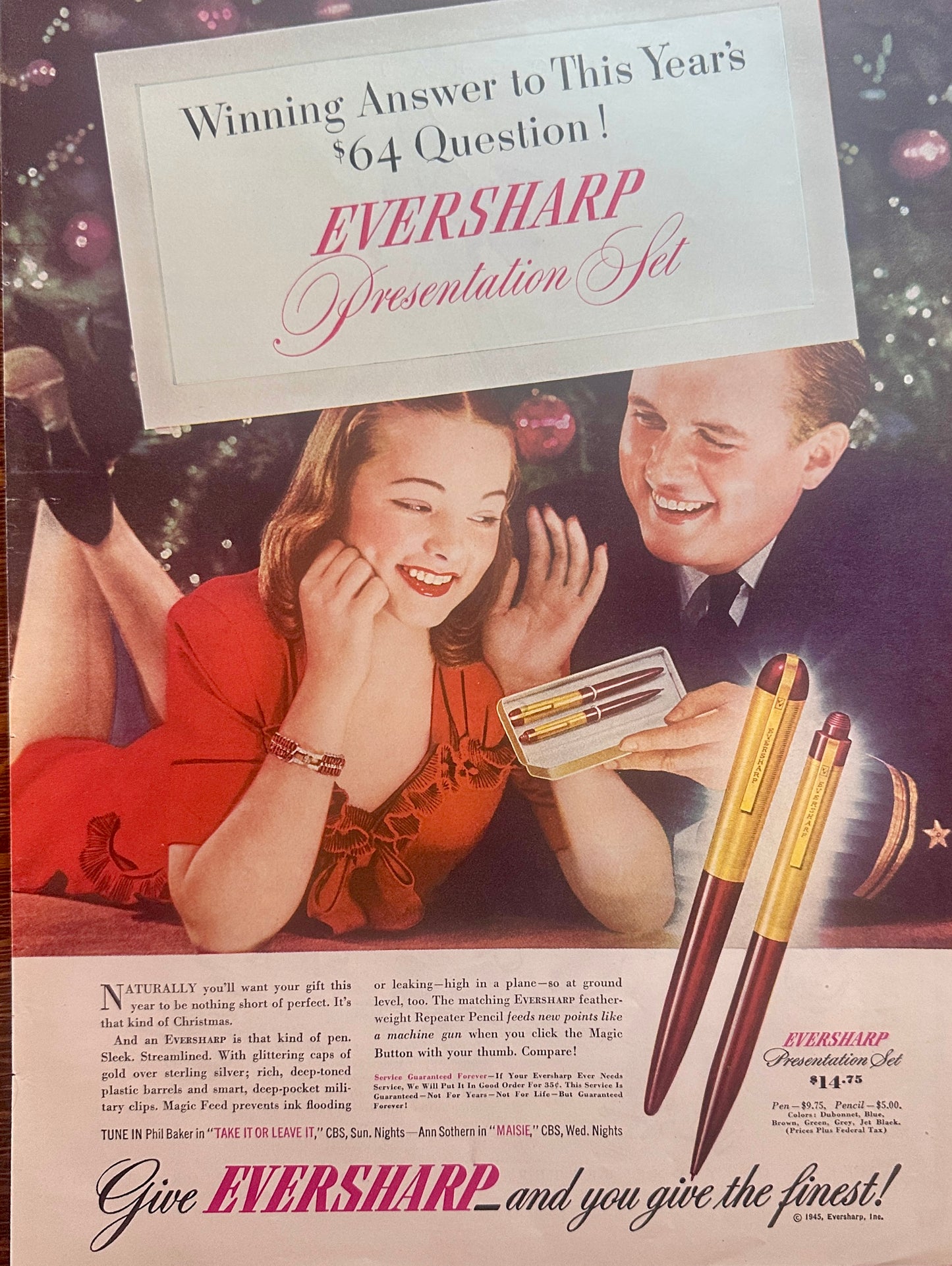 1945 WWII Eversharp Presentation Set Pen & Pencil for Christmas Ad #1619