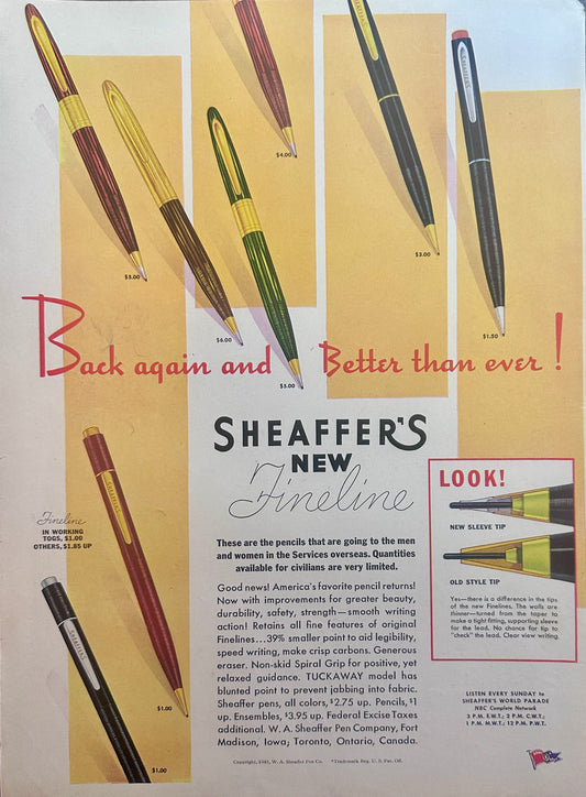 1945 Sheaffer's New Fineline Mechanical Pencils Vintage Ad #1615