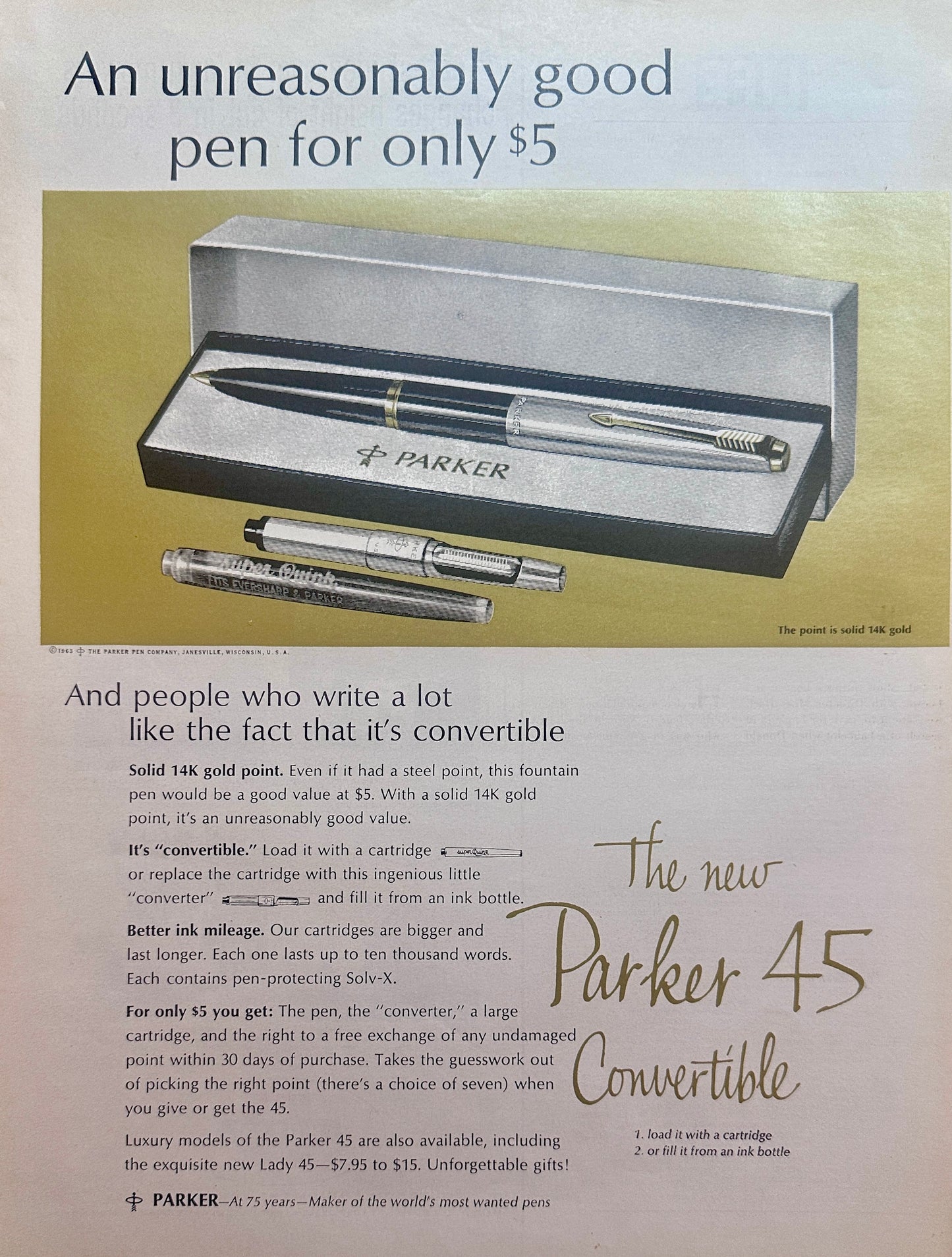 1962 Parker 45 Solid 14K Gold Point Pen - Ad #1610
