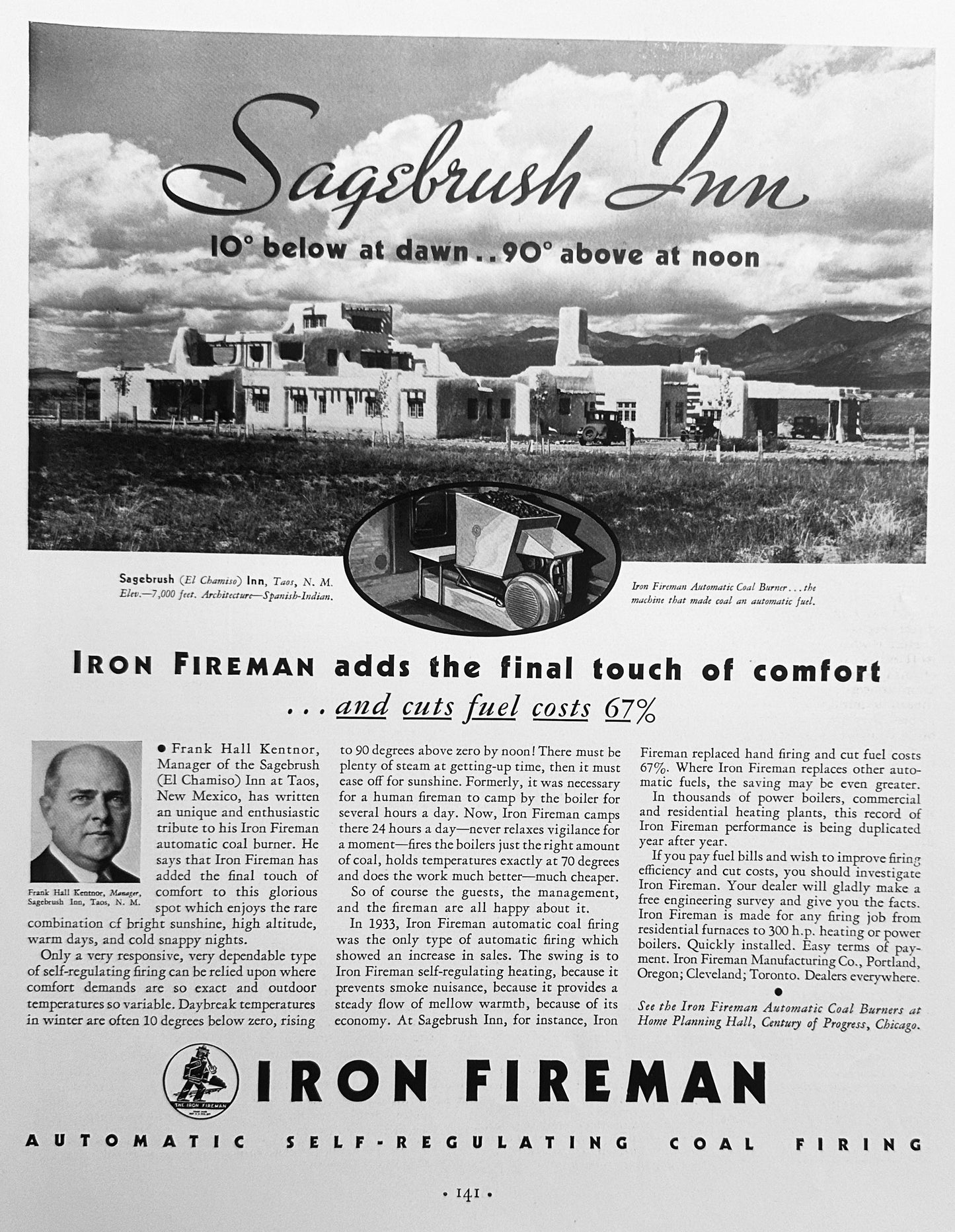 1934 Iron Fireman Heating System - Sagebrush In - Taos NM Ad #1644