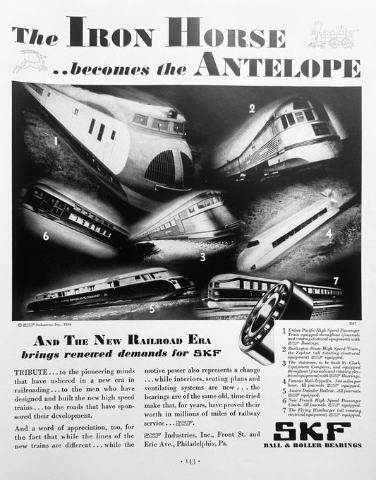 1934 SKF Bearings - The Iron Horse Becomes the Antelope Ad #1641