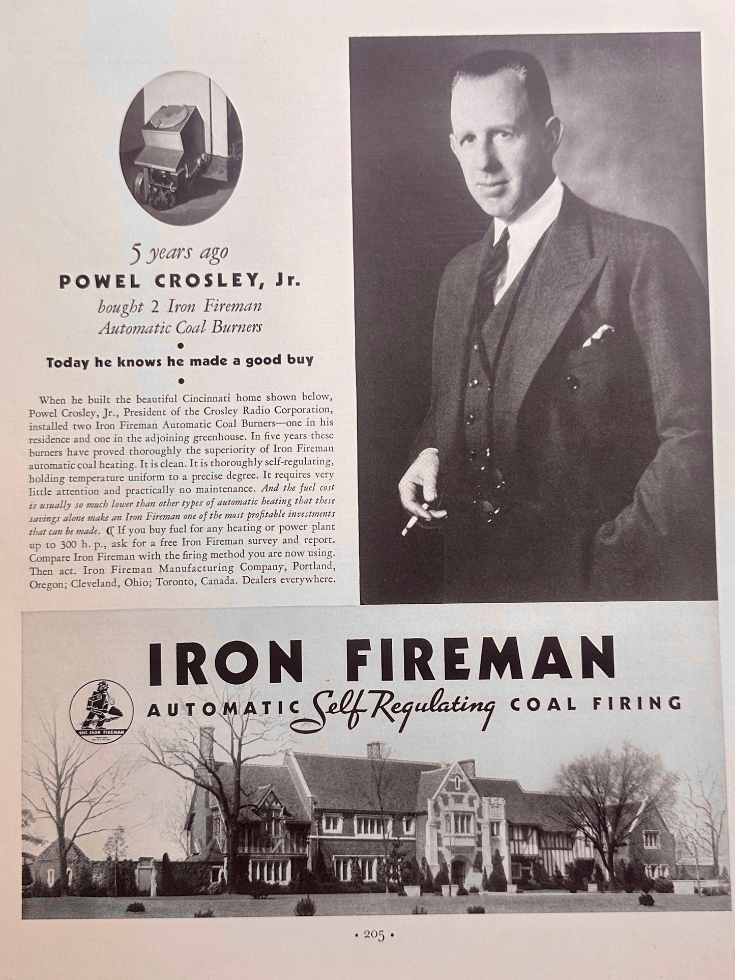 1934 Iron Fireman Heats The Powell Crosley, JR Mansion in Cincinnati Ad #1643