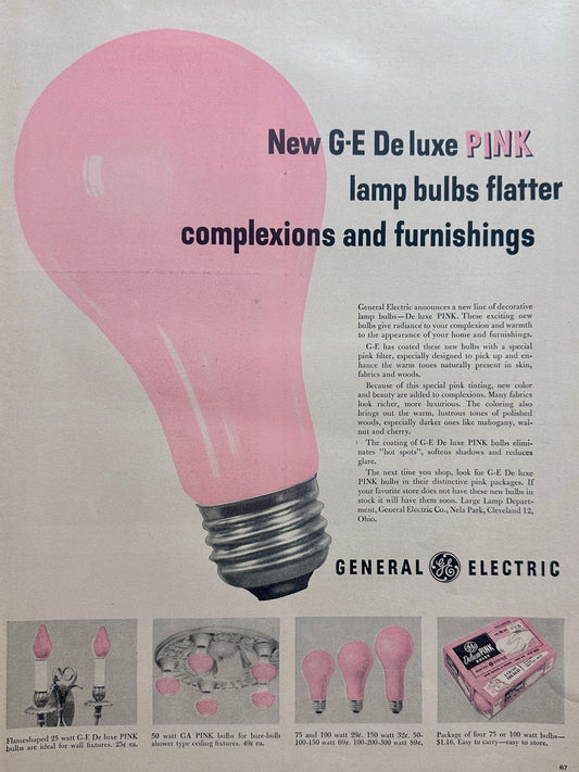 1956 New G-E Deluxe Pink Lamp Bulbs Flatter.. Ad#1660