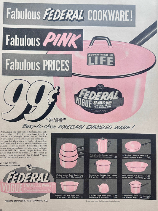 1958 Federal Vogue Enameled Ware - Pink - 8 Utensil Styles Shown Ad #1661