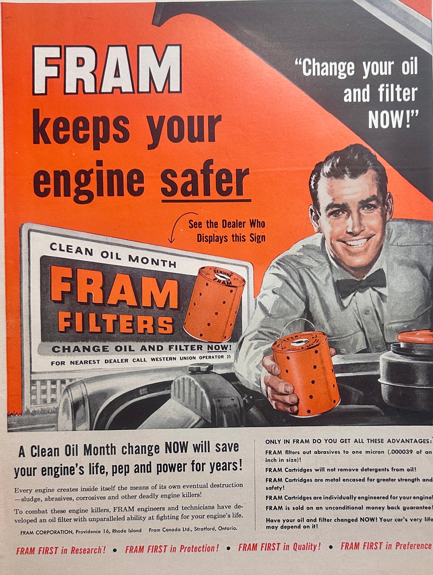 1958 Fram Oil Filters - Mechanics in Bow Ties Miss Those Days Ad #1665
