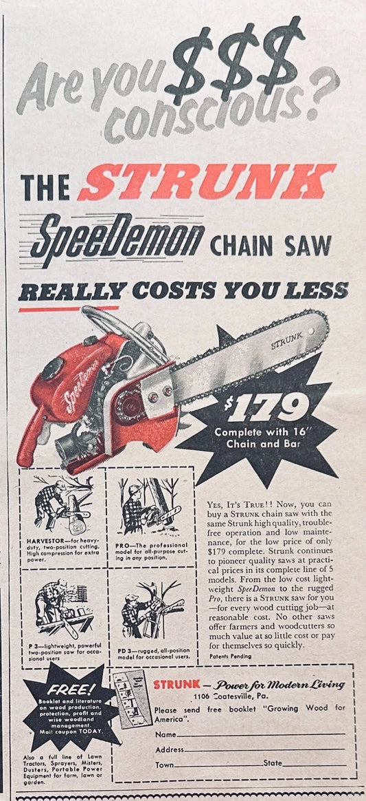 1954 Strunk SpeeDemon Chainsaw & Hydra-Flex Hydraulic Chain Saw Ads #801
